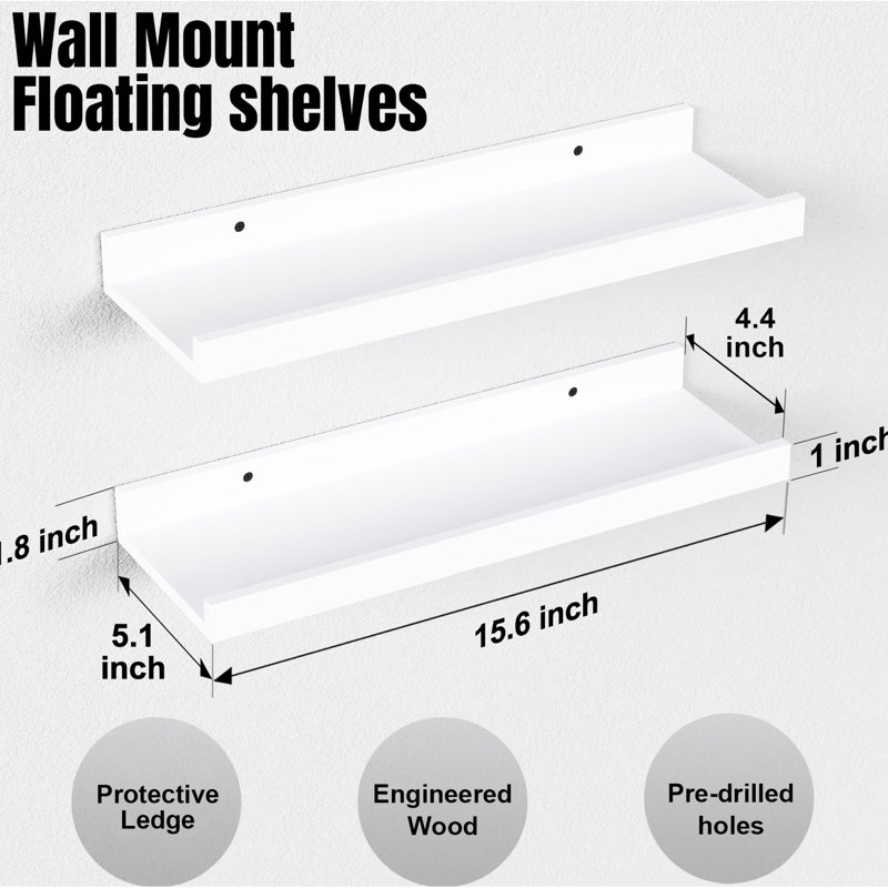White Modern Floating Shelves (2). Engineered Wood Manufactured, 20 Lbs Holding Power. Elevate Your Room Decor. Easy Installation Directions Supplied. Show Valuables 2 For Wall. Construction, Holds