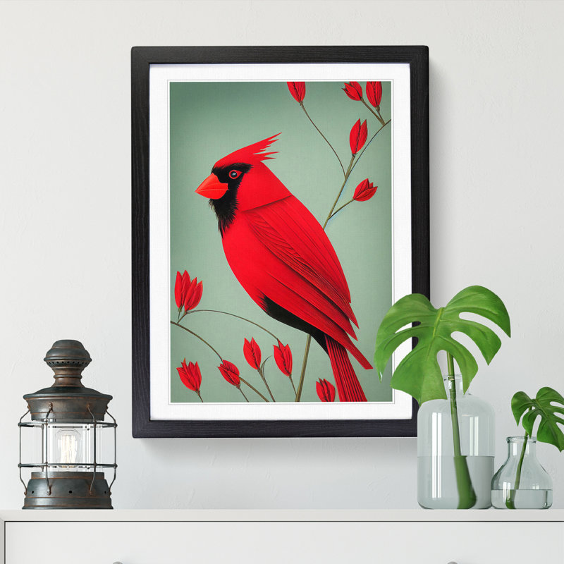FRM-V0523-352X Cardinal Bird Deco Style - Single Picture Frame Print, 46cm H x 34cm W x 2cm D, Walnut Framed