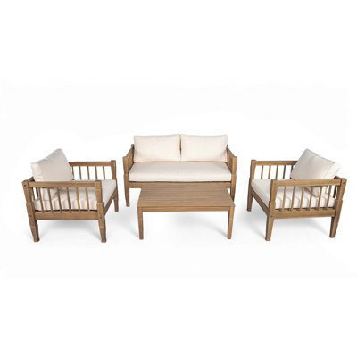 4-Piece Patio Furniture Set, Outdoor Furniture With Coffee Table, Patio Conversation Set Deep Seating With Thick Cushion For Backyard Porch Balcony,Light Brown