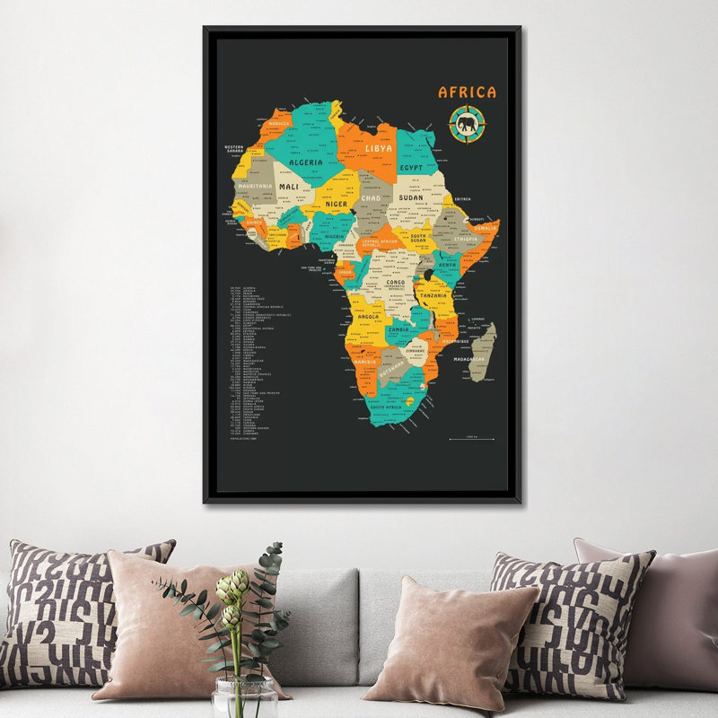 Carte de l'Afrique, impression sur toile tendue, H 60 po x l 40po x P 1,5 po, Toile encadrée noire, Pas de tapis
