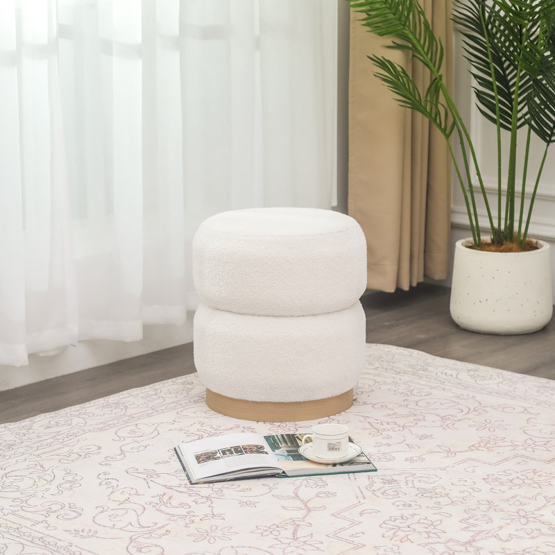 Round Upholstered Ottoman Stool, White Teddy