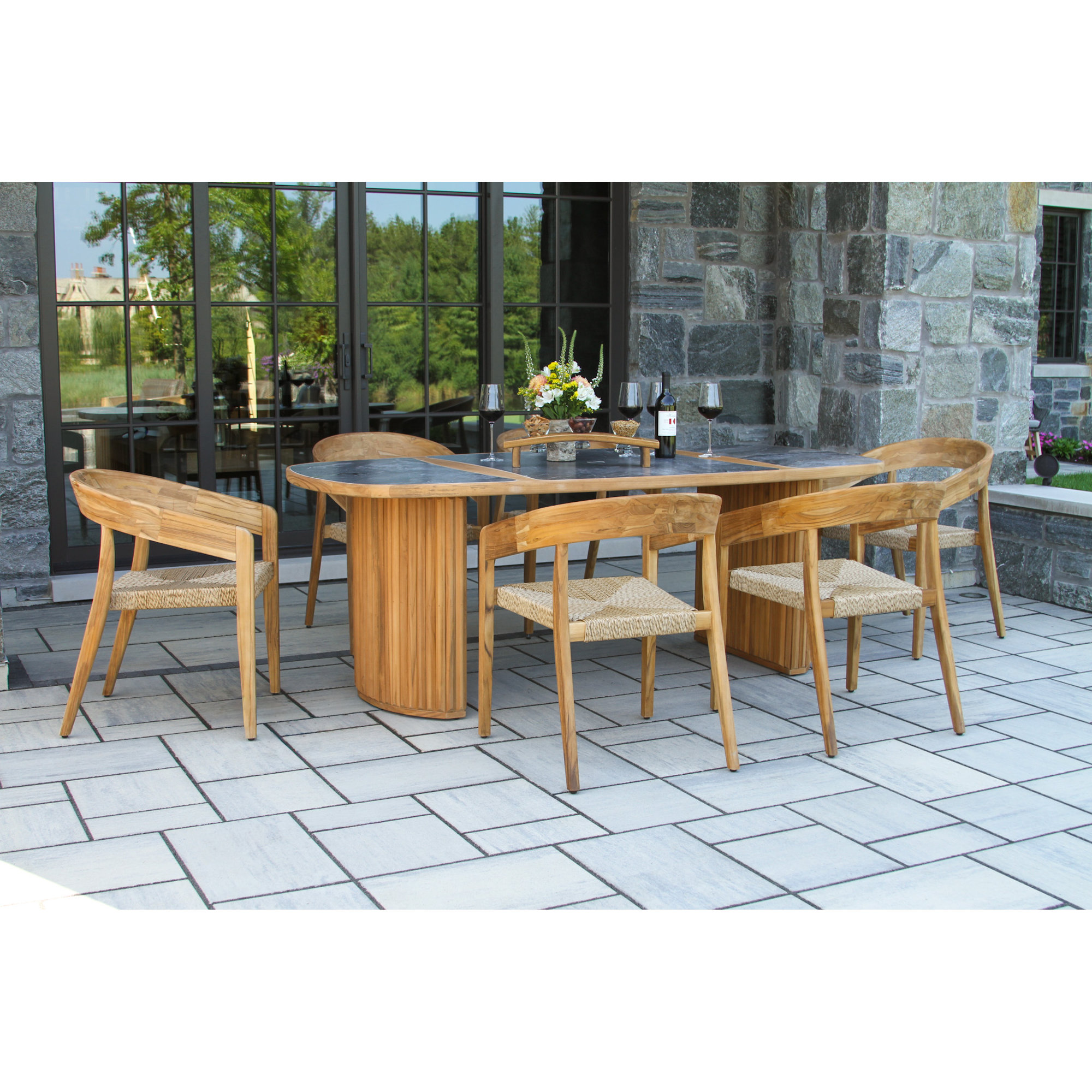 Estate 7 Pc. Teak & Wicker Oval Dining Set With Orobico Stone Top, Tan/Natural, Gray