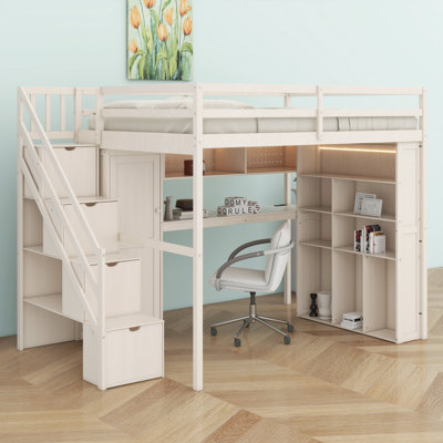 Lit mezzanine multifonctionnel avec garde-robe intégré, bureau d'étude, rangement et éclairage