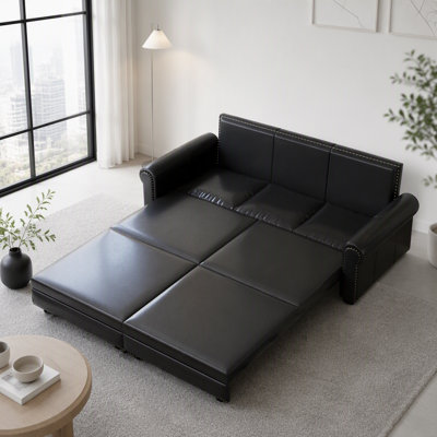 3-in-1 Convertible Sleeper Sofa Bed with Pull-Out King-Size Mattress, Faux Leather Upholstery, Nailhead Trim, and Rolled Arms for Versatile Living Space Solutions.