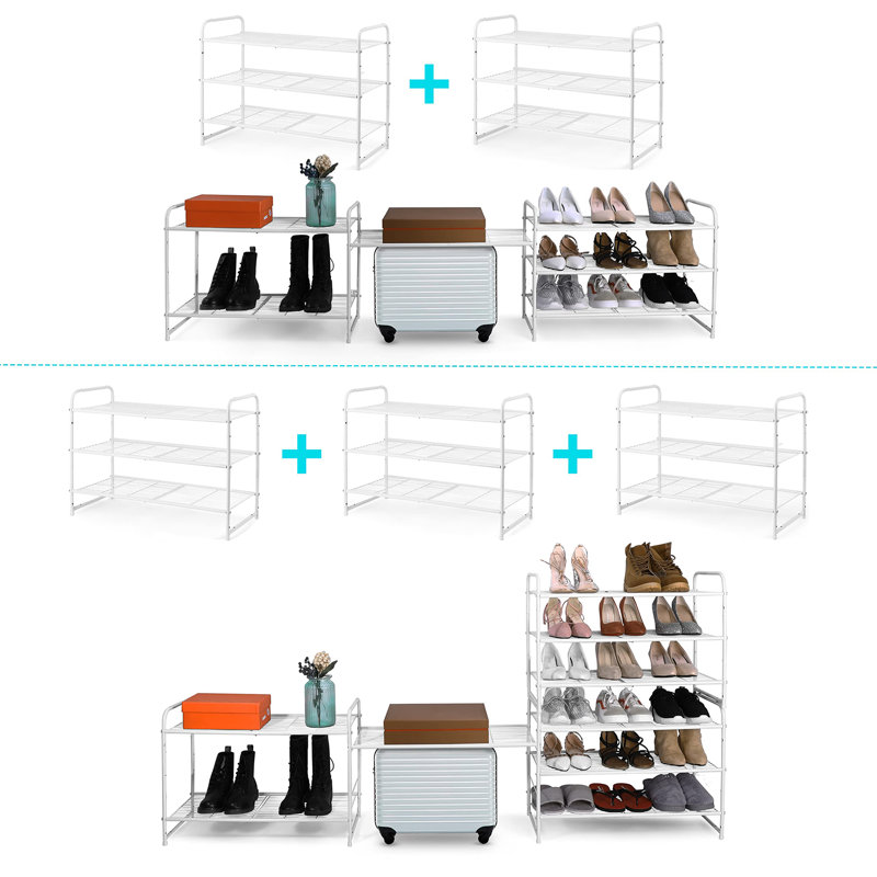 3 Tier Stackable Shoe Rack, Metal Wire Grid, Shoe Organizer Storage Shelf, White