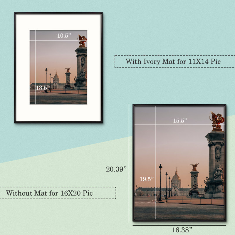 Ailisa Metal Picture Frame, Photo Frame with Ivory Mat, Horizontal and Vertical Formats for Wall, 11" x 14", Black