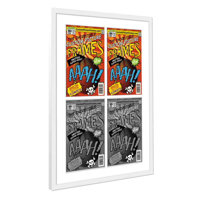 Cadre de bande dessinée avec passe-partout - 4 ouvertures pour afficher 4 bandes dessinées dans une grille 2 x 2 avec acrylique UV, support et quincaillerie