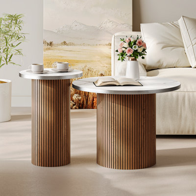 Pedestal Nesting Coffee Table Set, Round Marble Top