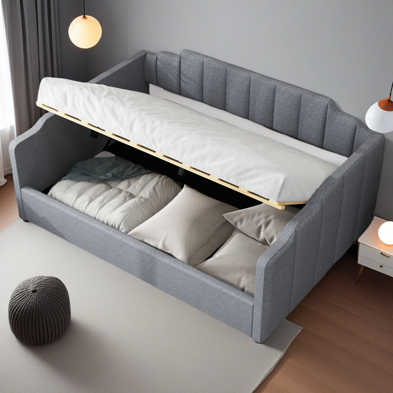 Lit de jour rembourré avec rangement inférieur, Gris, Complet/Double