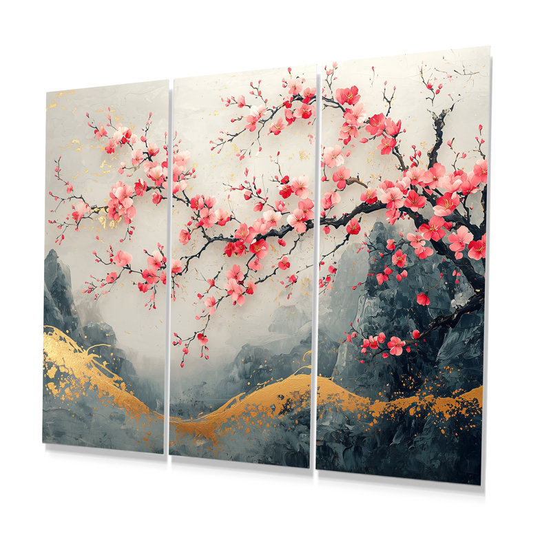 Paysage de cerisier rose du Japon, paysage II, Métal métal, H 28 po x l 36 po x P 1 po