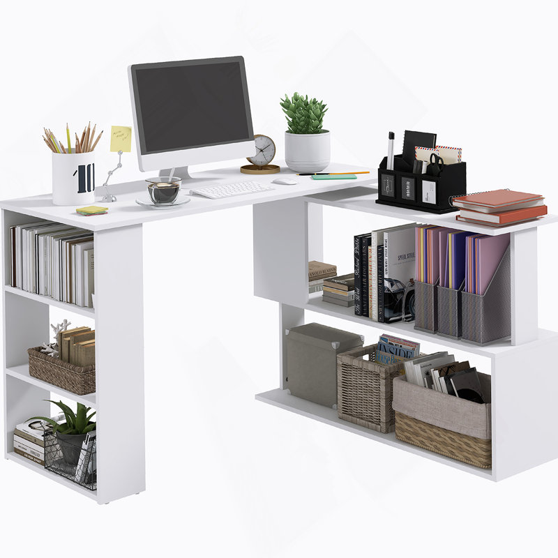 Bureau en L avec tablettes de rangement, Blanc
