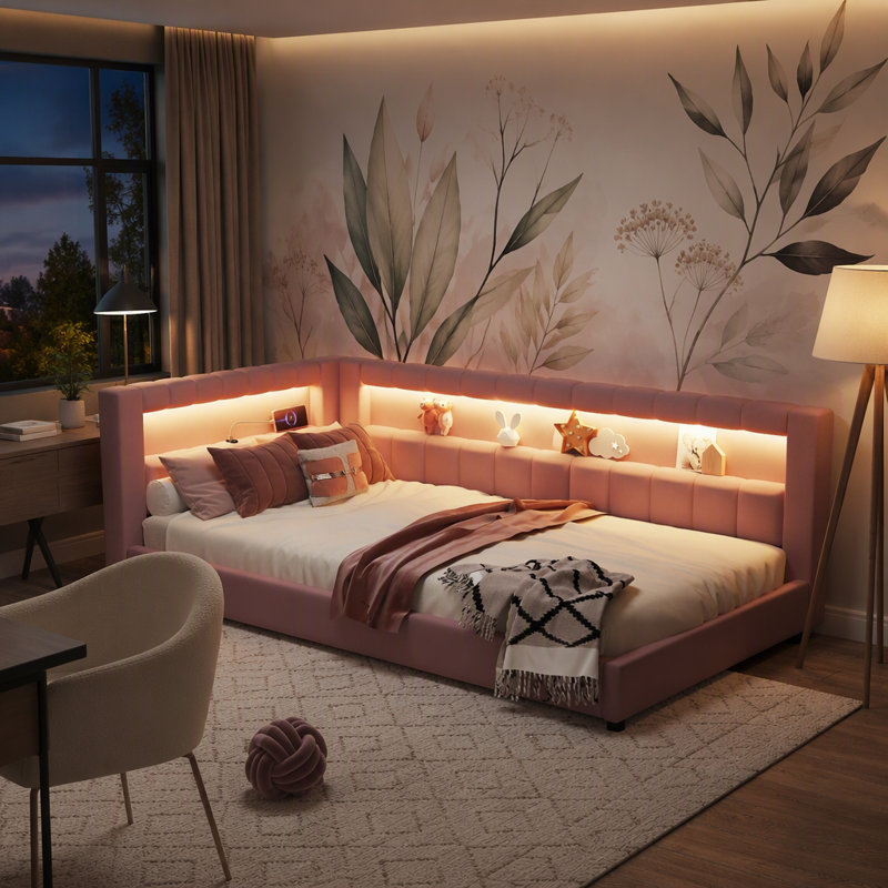 Lit plateforme tapissier avec ports USB et ceinture DEL, Très grand simple, Rose