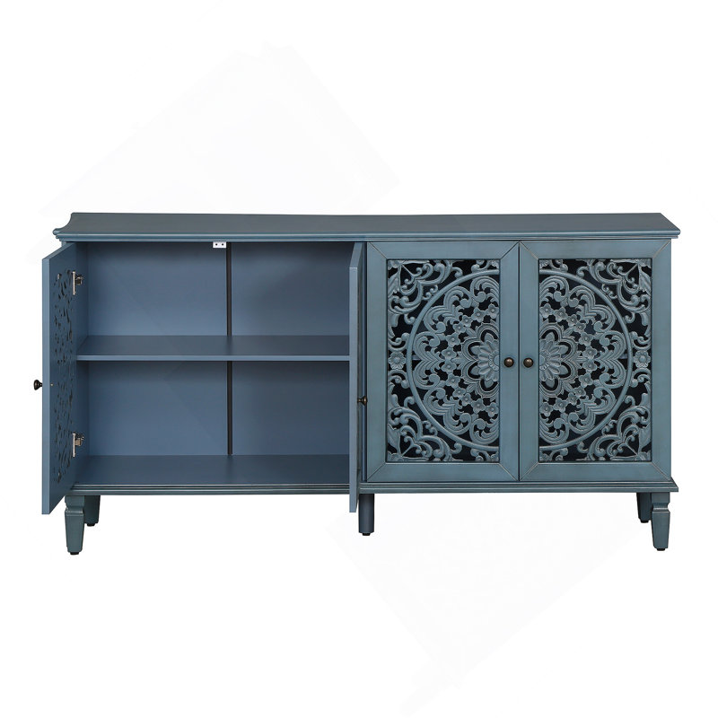 Buffet antique avec sculptures florales, pieds en bois massif, tablettes réglables, idéal comme meuble télé et buffet pour diverses pièces