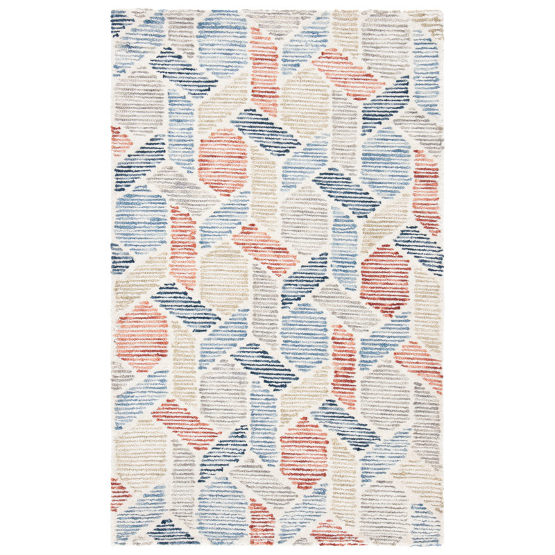 Milesburg Precious Hand Tufted Wool/Cotton Geometric Rug in Blue/Rust, Rectangle 4' x 6'
