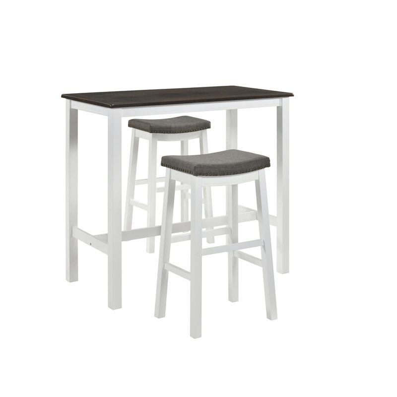Ensemble de bar 3 pièces Bellea avec pieds en bois massif et garniture cloutée de 42 po de hauteur, blanc / gris