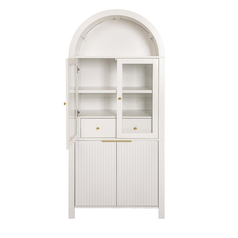 71" Fluted Tall Arched Pantry Cabinet With Glass Doors & Adjustable Shelves, Elegant Display Storage For Kitchen, Living Room, Dining Room, White