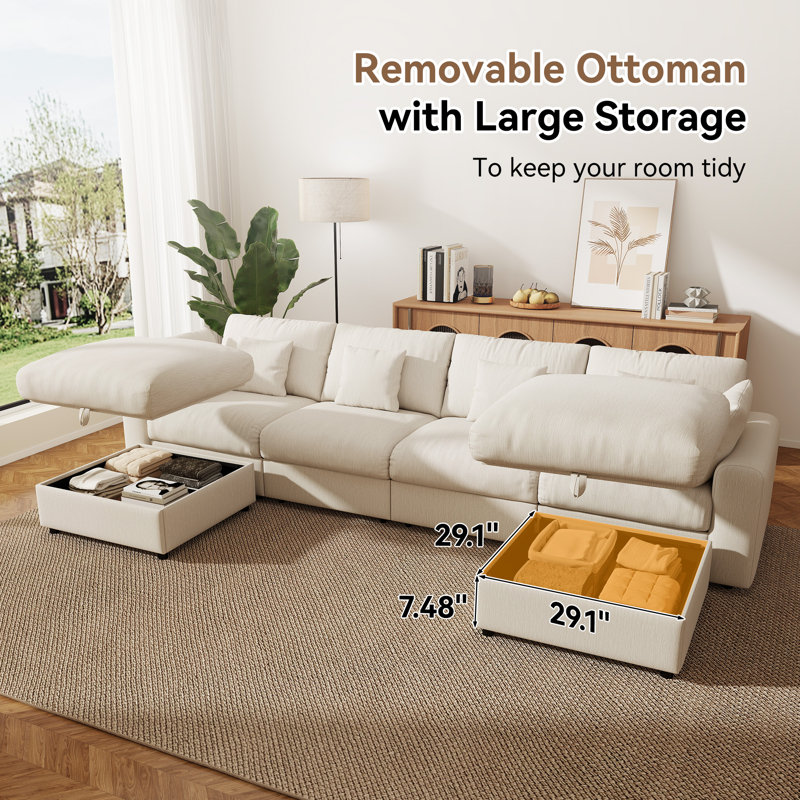 Acker 141'' Modern Chenille U-Shaped Modual Sectional Sofa with 2 Storage Ottomans, Beige Chenille