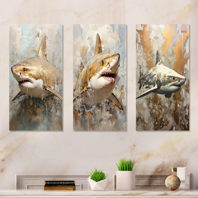 Minimalisme requin, peinture en beige doré - ensemble de 3 impressions d'art de requin