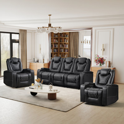 Ninia 3 Piece Luxury Faux Leather Home Theater Reclining Living Room Set With Cup Holders & Arm Storage