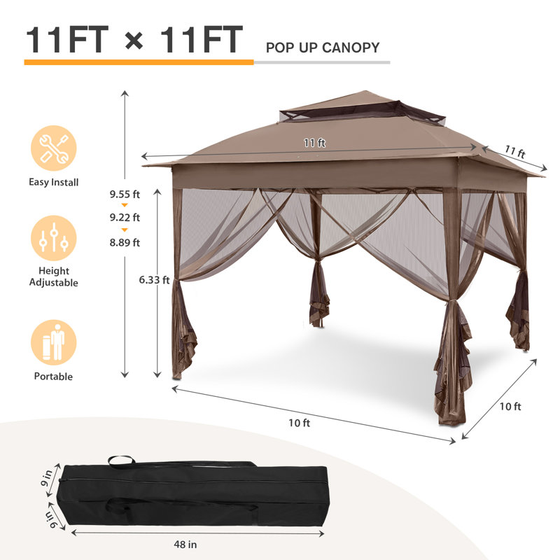 11 Ft. W x 11 Ft. D Outdoor Pop Up Soft Top Steel Patio Gazebo with Netting, Brown