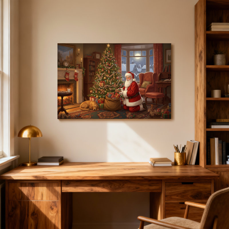 Foyer de Noël avec arbre de Noël et père Noël, H 28 po x l 40 po