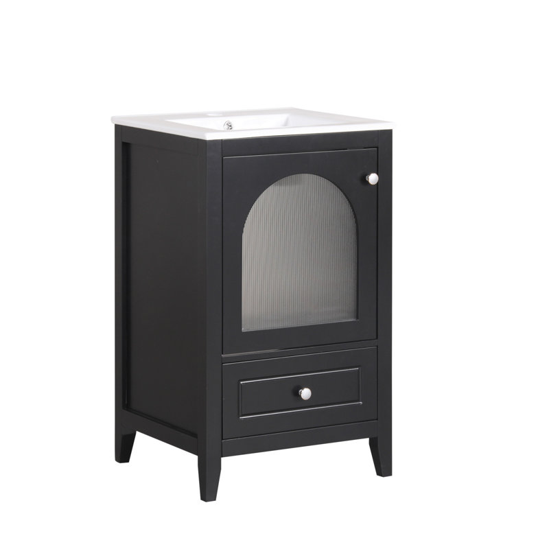 Meuble-lavabo de 20 po avec lavabo, armoire de salle de bain avec porte en verre à fermeture douce, tiroir