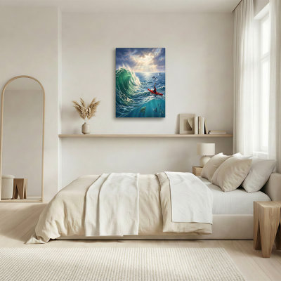 «Red Kayak Paddler in Turquoise Ocean Waves with Sea Turtle», art mural