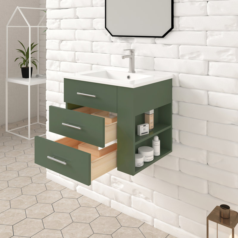 Ensemble de meuble-lavabo mural simple 24 po avec comptoir en céramique blanche avec tablette droite Aurilla, Blanc, Oui, 24"
