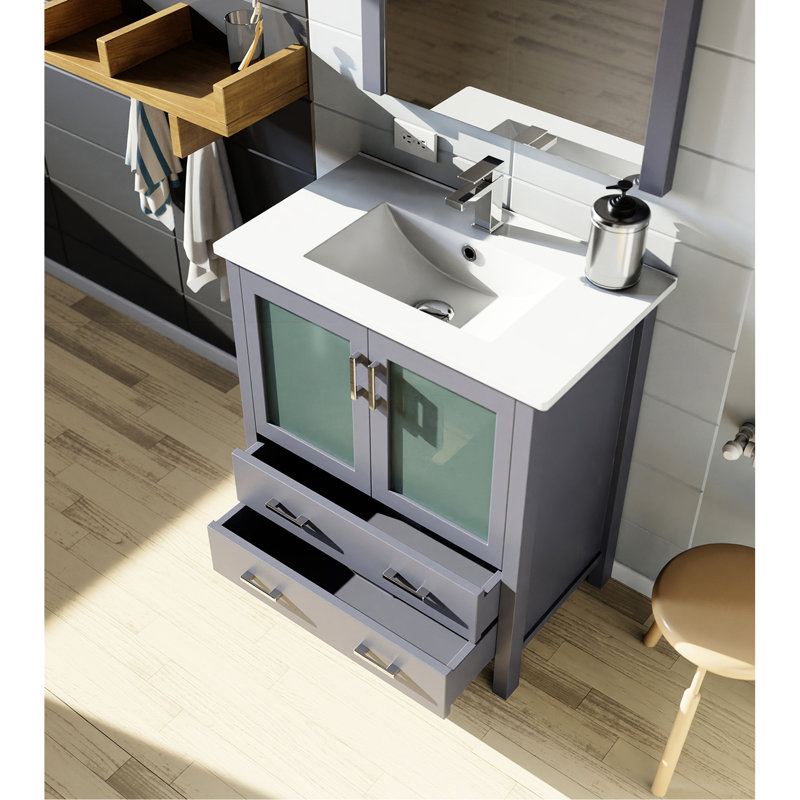 Gris foncé foncé 30 po Largeur du meuble-lavabo pour la salle de bain, profondeur de 18,25 po, comptoir en céramique blanche, miroir mural à 28 po, glissière de tiroir à fermeture en douceur, compartiments de rangement avec salle de bain avec surface, fonction, une armoire et