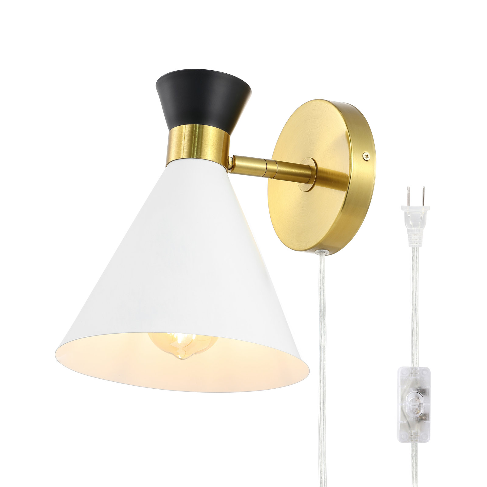 Puliafico Single Light Dimmable Plug-in Armed Sconce, White/Brass