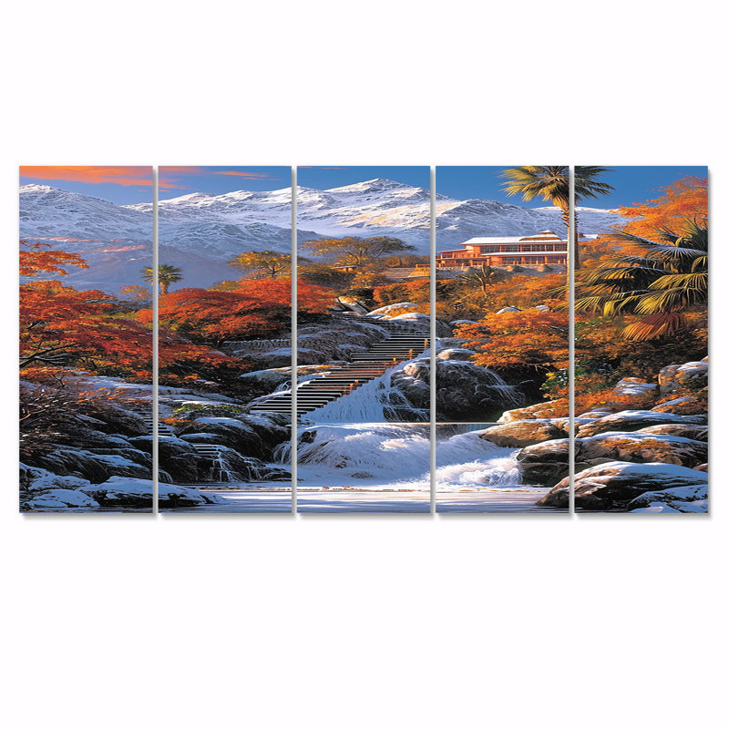 «Stairs To Villa On Hill Winter Snow - Winter Mountains», ensemble de 5 décorations murales, H 32 po x l 80 po