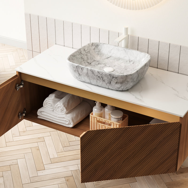 48" Bathroom Vanity, Floating Plywood Storage, Twill Double Doors, Metal Embellishments, Marble Pattern Ceramic Basin, White Sintered Stone Surface, Oak , High Resistance, Distinct Patterns Cabinet,