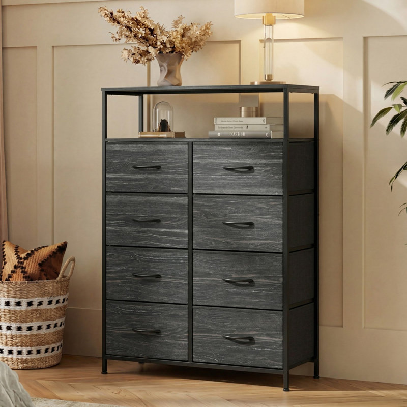 Chaseburg 8-Drawer Dresser with Open Media Shelf, 45.9'' Tall Dresser with Wooden Top, Black Dresser with Sturdy Frame, Chest of Drawers for Bedroom, Closet, Hallway