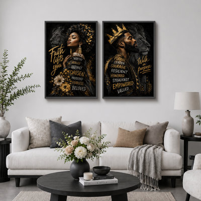 Inspirational Black King and Queen Portrait Artwork, Office Pictures, Framed Canvas Giclee Print 2 Pieces Wall Art