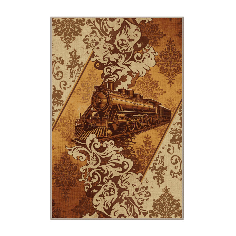 Machine Washable Maurice Vintage Passenger Train Vintage Damask Rug in Brown – Beige Binding, 8x10