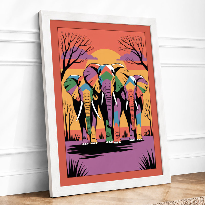 Elephants at Dusk Maximalist 1 Piece Single Picture Frame Wall Art, A4 - 29.7 x 21.0 cm, White