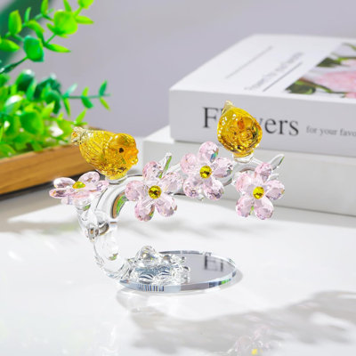 Crystal Bird Pair on Blossoming Branch Figurine with Pink Flowers