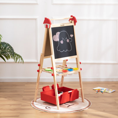 Chevalet Kids Art avec tiroir de rangement et rouleau de papier - Chevalet magnétique en bois à double face réglable pour enfants Tableau noir