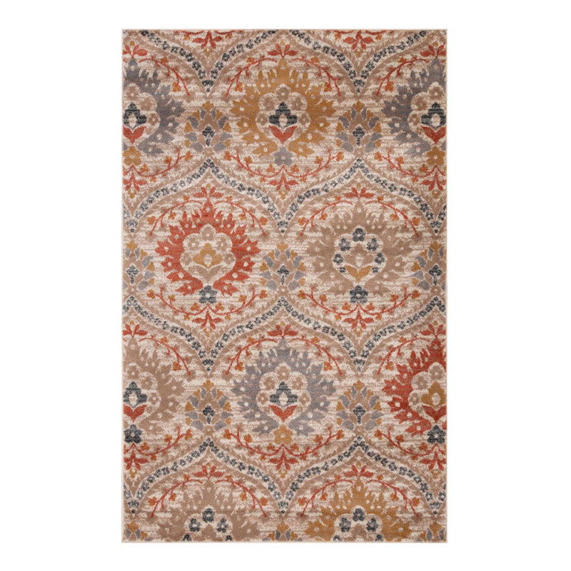 Tapis floral ivoire, orange et gris 4 pi x 6 pi résistant aux taches