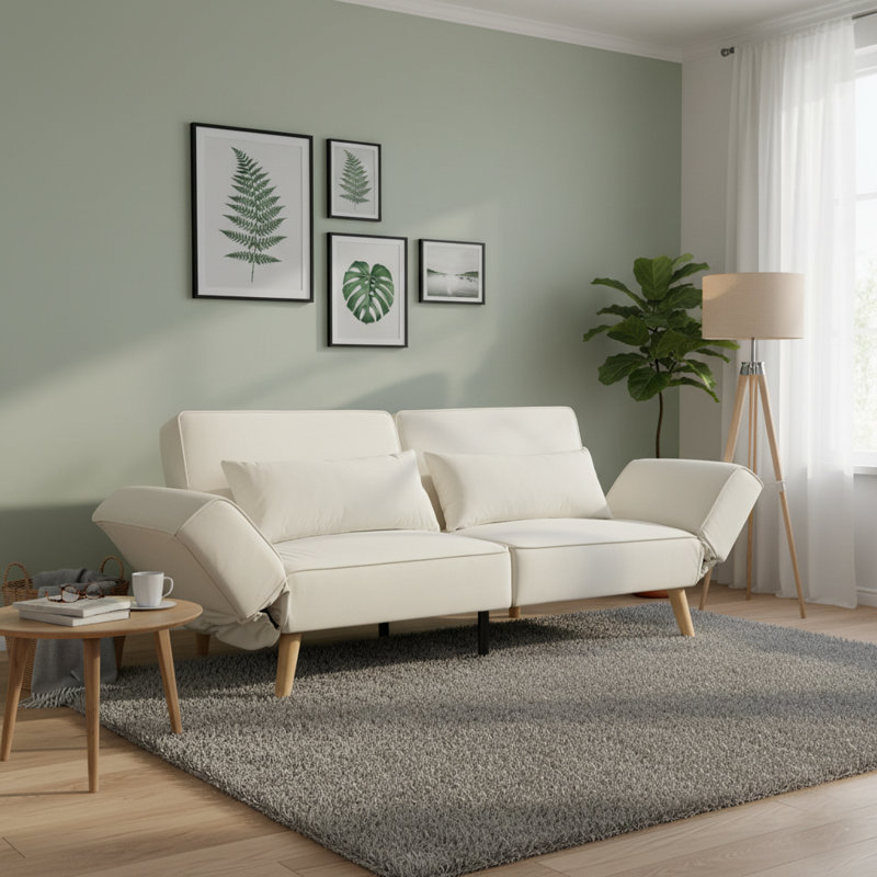 Canapé-lit convertible moderne, canapé rembourré avec lit escamotable et pieds en bois, Beige