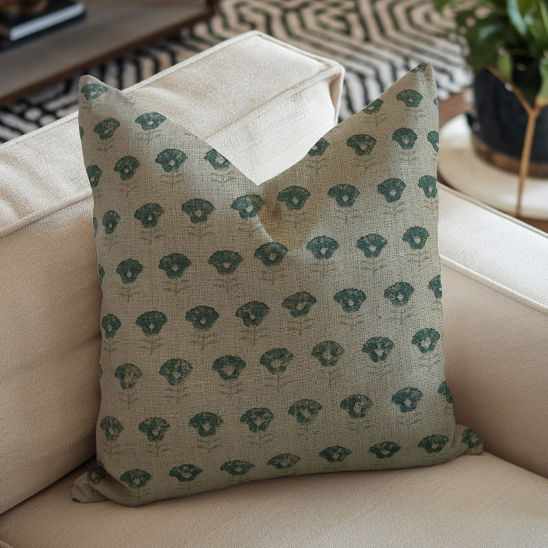 Coussin décoratif à imprimé floral fait à la main à motif de blocs Boho - Kohinoor, H 16 po x l 16 po, Vert floral 5, Carré