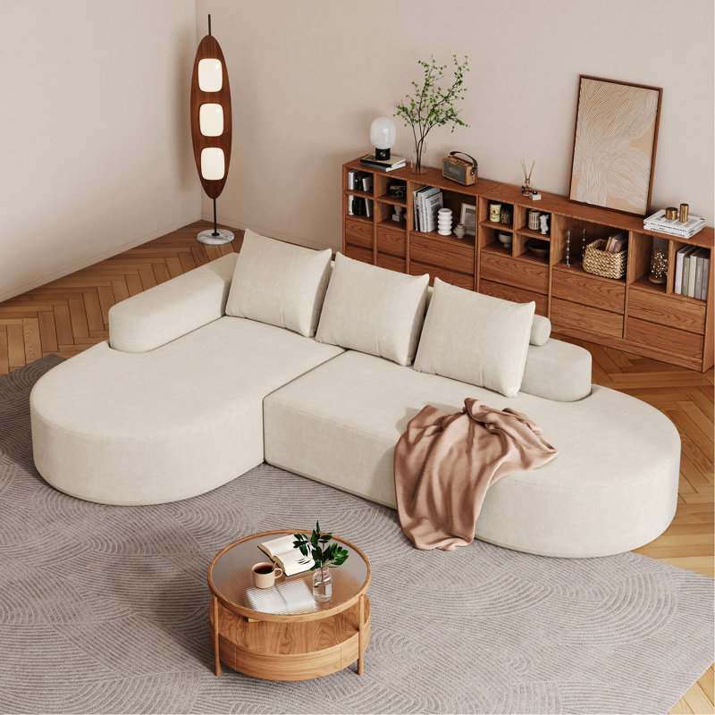 Chenille beige moderne - Canapé modulaire combiné avec coussins à haute résilience, lignes arrondies, coussin pour le confort, sans assemblage, rembourré incurvé pour chambre et salon, 3 sièges,