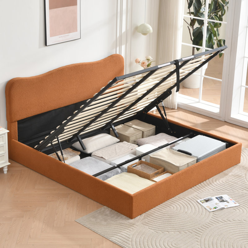 Lit plateforme tapissier Bensu Boucle, Très grand, Brun