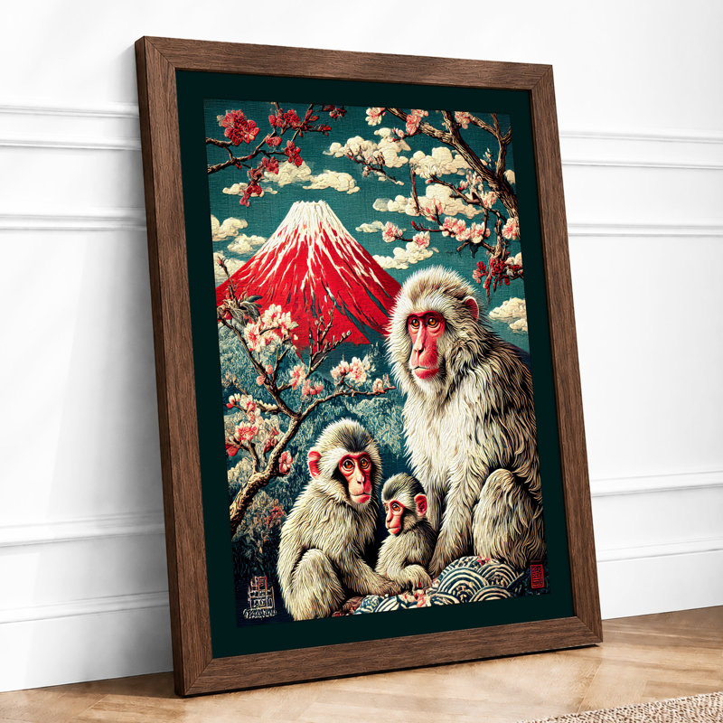 Macaques and Cherry Blossom Japandi 1 Piece Single Picture Frame Wall Art, A4 - 29.7 x 21.0 cm, Walnut
