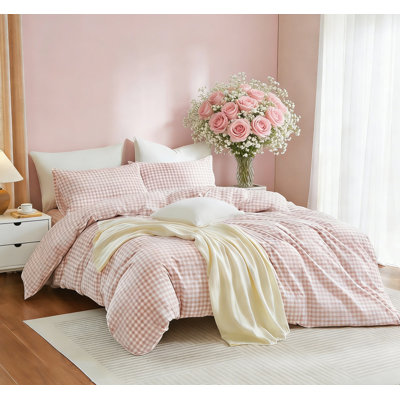 LIFETOWN Gingham Duvet Cover Set 100% Washed Cotton Material Plaid Checkered Comforter Cover 3 Pieces Set