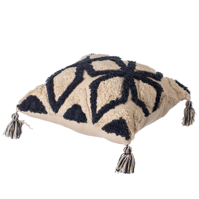 16" Handwoven Cotton Throw Pillow with Tufted Geometric Design and Tassels