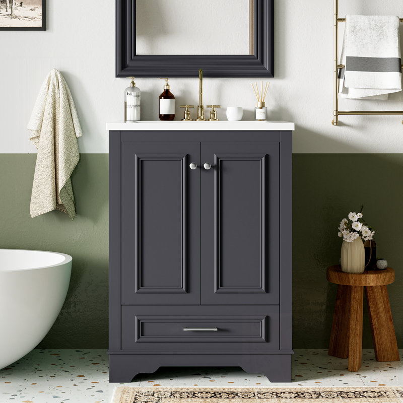 Meuble-lavabo avec lavabo, poignÃ©es en mÃ©tal et portes Ã  fermeture amortie, Bleu gris