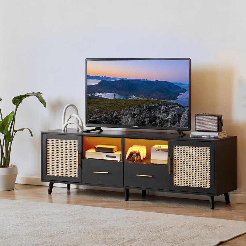 Black Wood and Rattan TV Stand with RGB Lights