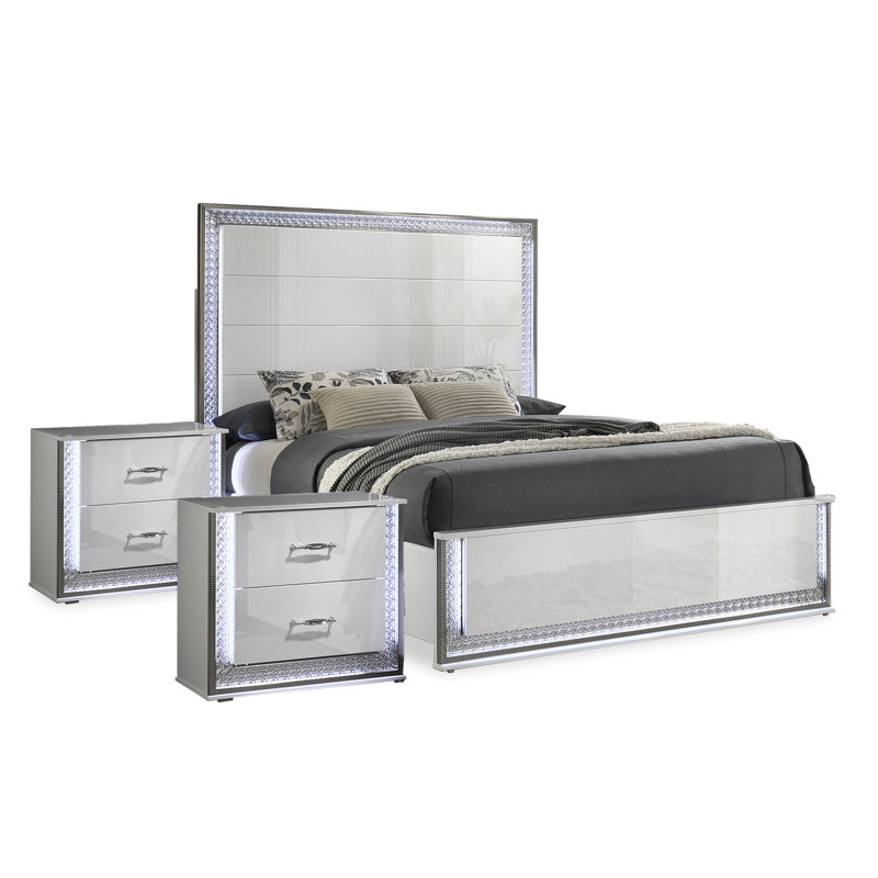 Divala 3-Piece Bedroom Set With Led, 3 Pieces: Bed, 2 Nightstands, Queen