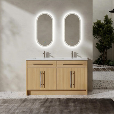 60" Freestanding Double Bathroom Vanity With Dual Resin Sinks, 4 Soft-Close Doors & Metal Handles – Original Oak Plywood, Modern American Style